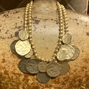 Kenneth Lane Necklace Two Strand Gold Metal Beads w/ Dangle Hammered Discs Vint.